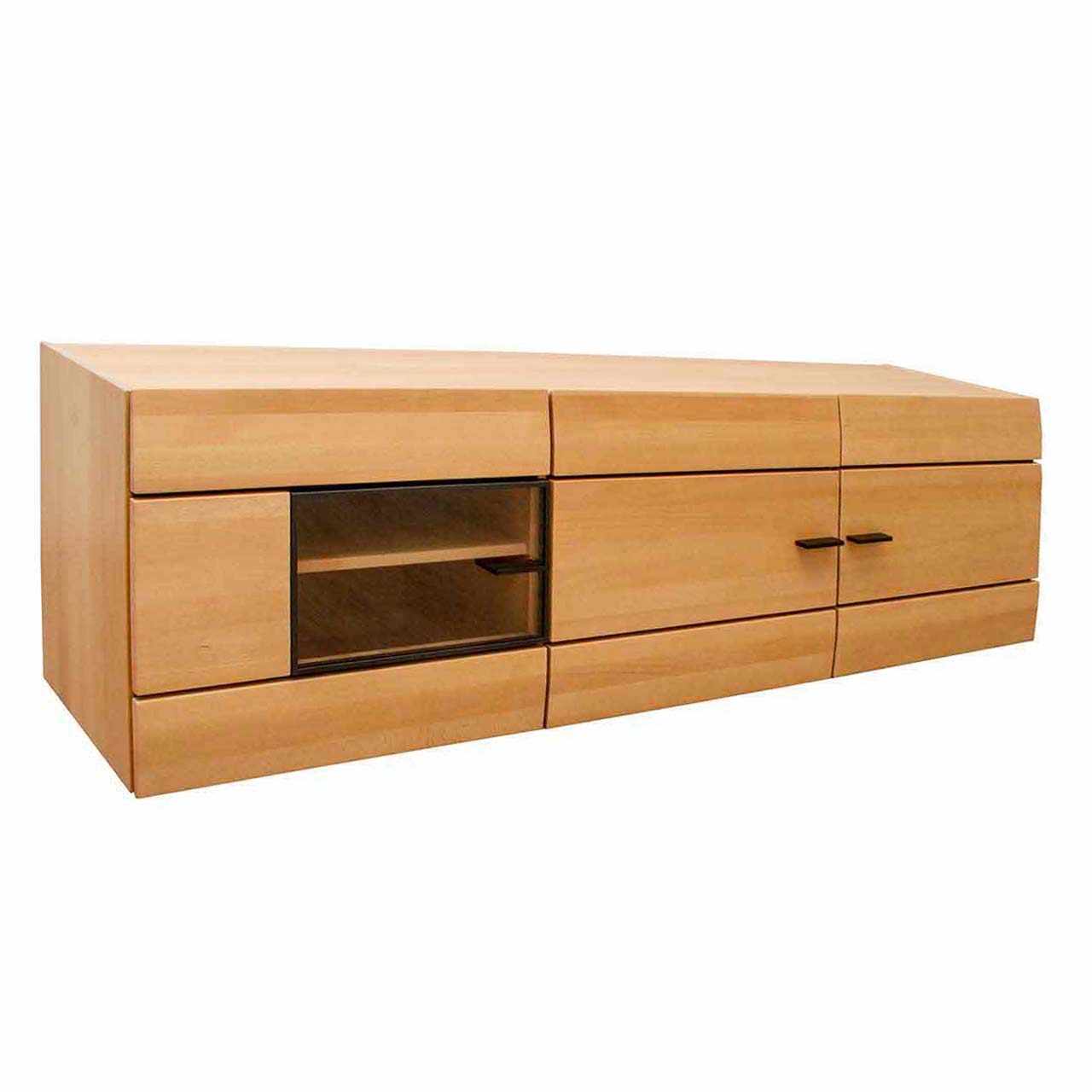 Hängeschrank aus massiver Buche mit zwei Doppel-Holztüren und einer Holz-/Glastür links in dunklem Parsolglas Bronze.