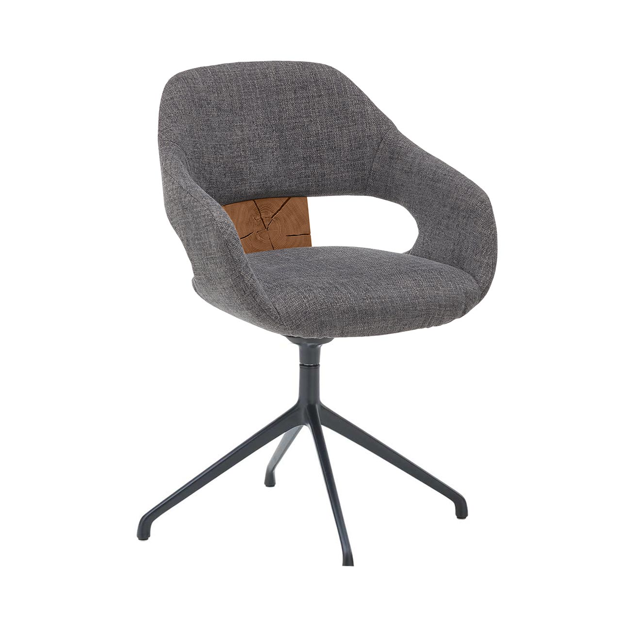 Frontansicht eines drehbaren Armlehnstuhls mit anthrazitfarbenem Stoffbezug und gepolsterter , offener Sitzschale. Mit dekorativer Hirnholzscheibe im Lendenbereich auf Vier-Fuß-Stativ Gestell in Metall Anthrazit.