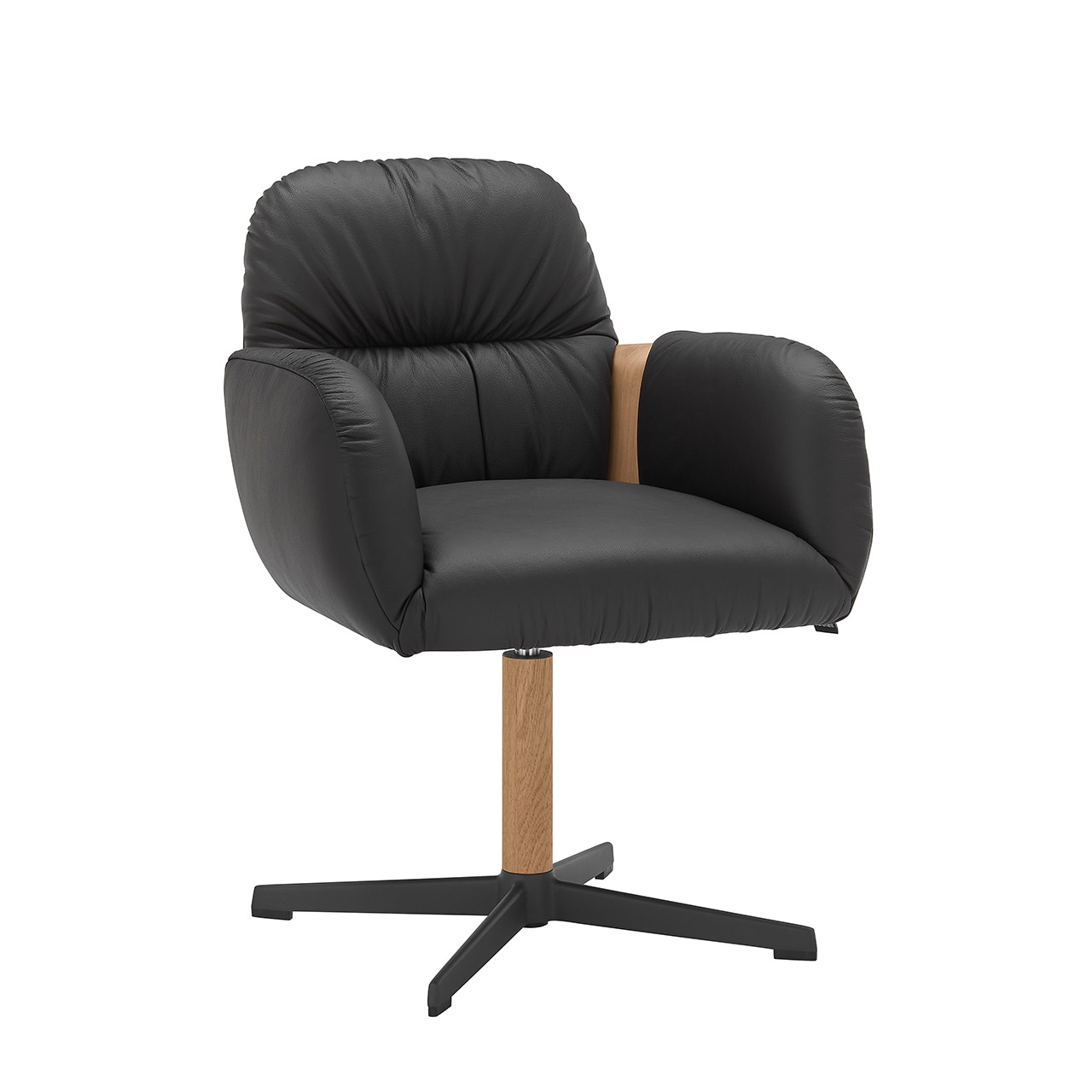 Hartmann NATURZEIT 7100E/8400E - 1723 Stuhl Gerry - Frontansicht Frontansicht eines Esszimmerstuhls mit gepolstertem Sitz und Rücken in schwarzem Lederbezug mit seitlicher Holzapplikation an Lehnen auf Vier-Fuß-Metallgestell Anthrazit mit Holz.