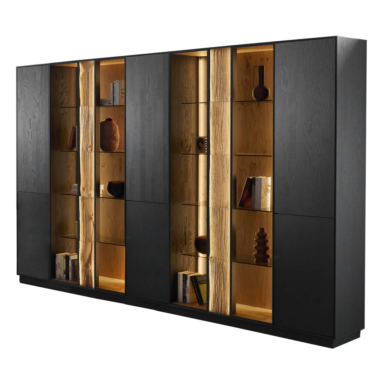 HM_KILVA_9610-8272_Regalelement5erSet_1280x1280 Modernes Regalelement aus massiver Kernesche anthrazit mit Spaltholz-Akzent und Parsolglas-Ausschnitt