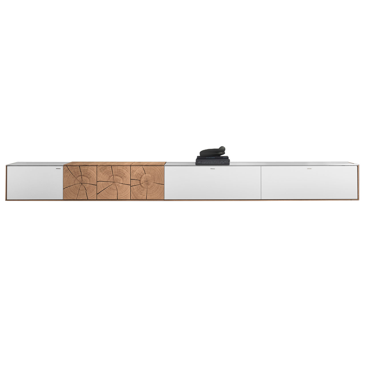 Hartmann CAYA - Hängelowboard 7170-1306W Modernes, längliches Hängelowboard aus massiver Kerneiche mit Mattglas weiß Front und dekorativer Hirnholz Applikation aus drei rechteckigen Hirnholzscheiben links.