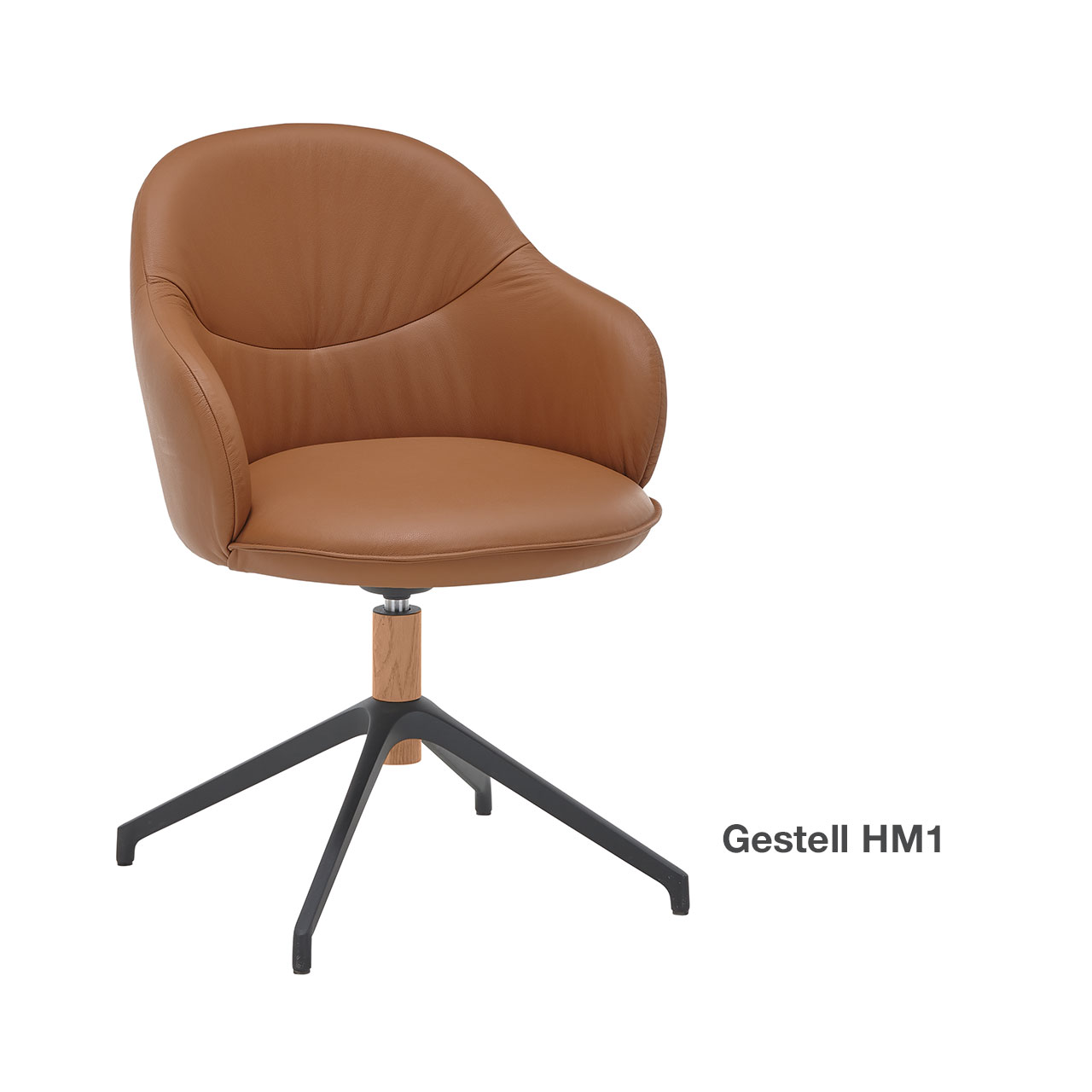 Moderner drehbarer Armlehnstuhl mit cognacfarbenem Lederbezug und gepolsterter Sitzschale auf Vier-Fuß-Sterngestell in Metall anthrazit und Holz. Rechts daneben textlicher Hinweis „Gestell HM1“ - in Frontansicht.