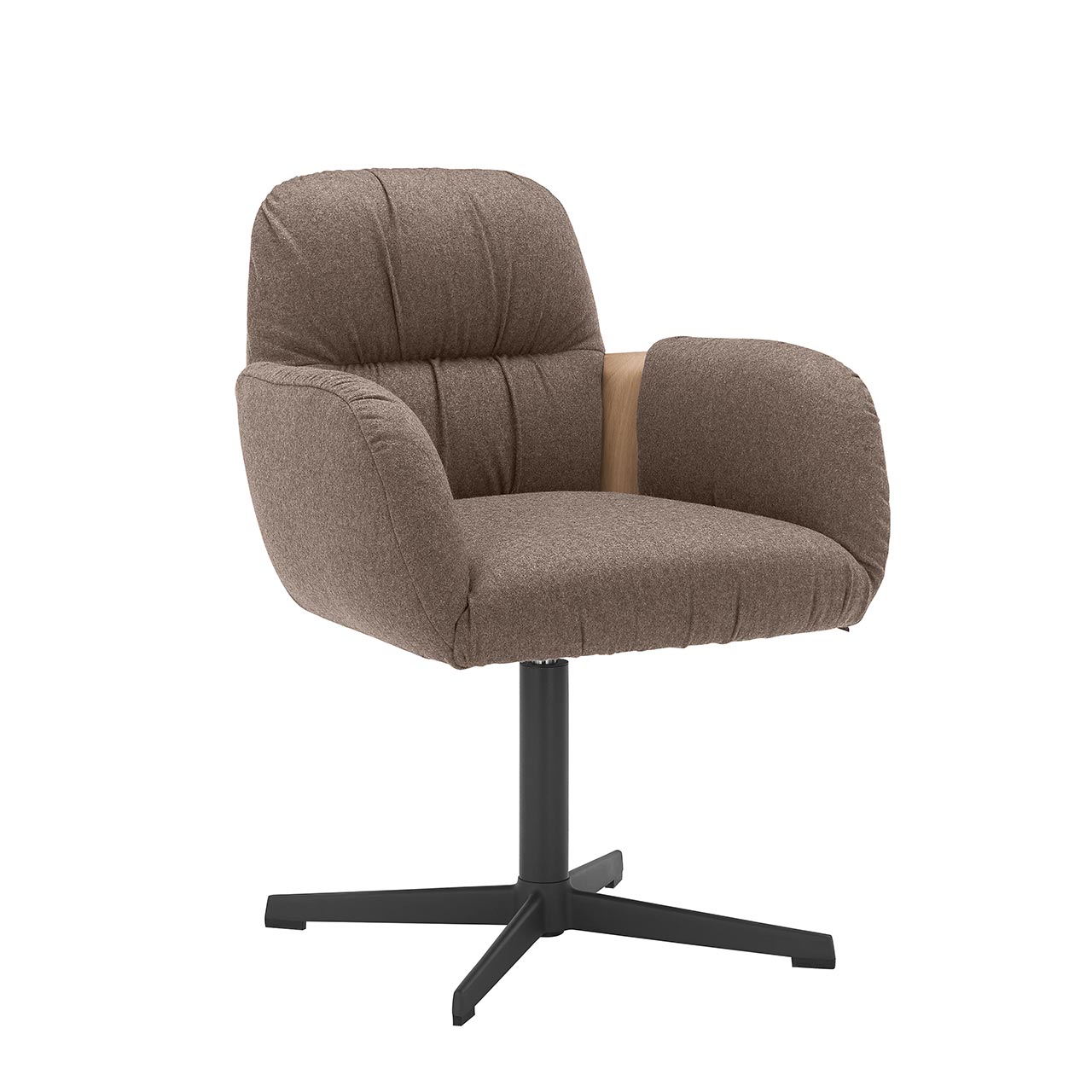 Hartmann NATURZEIT 7100E/8400E - 1724 Stuhl Gerry - Frontansicht Frontansicht eines Esszimmerstuhls mit gepolstertem Sitz und Rücken mit beigem Stoffbezug und seitlicher Holzapplikation an Lehnen auf Vier-Fuß-Metallgestell in Anthrazit.